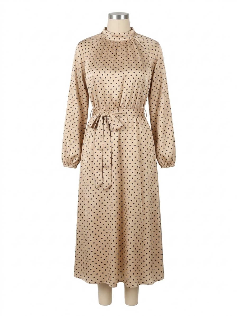 LOFT Beige Polka Dot Long Sleeve Midi Dress